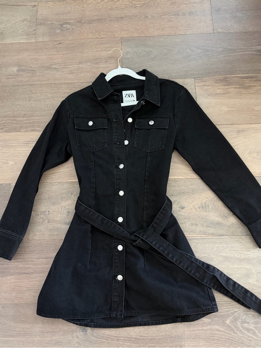 Zara Black Denim Dress with Belted Waist Size M